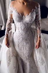 Luxury Long White Mermaid Lace Long Sleeves Wedding Dress With Detachable Train